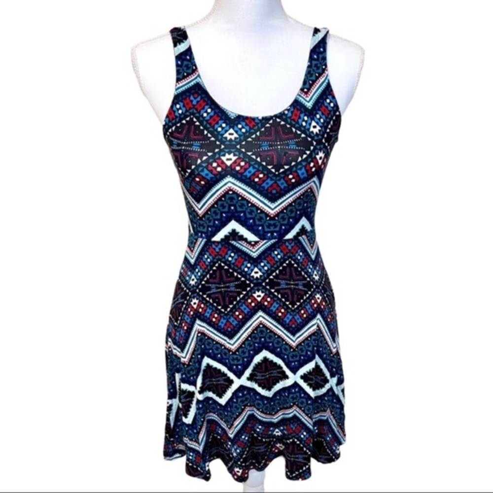 Express • Geo Pattern Skater Dress • Blue/Red • Size XS